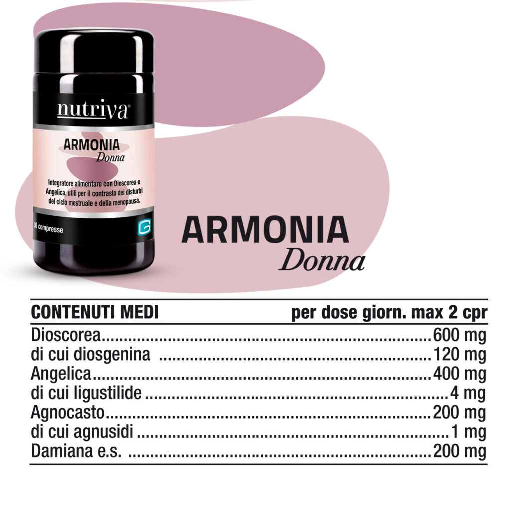 Nutriva Armonia Donna Integratore alimentare con Dioscorea e Angelica, utili per il contrasto dei disturbi del ciclo mestruale e della menopausa