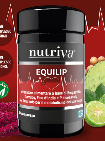 NUTRIVA EQUILIP è un integratore alimentare a base di Bergamotto, Amaranto, Carrubo e Fico d’india con Policosanoli. L’Amaranto contribuisce al metabolismo del colesterolo. Il Carrubo e il Fico d’india favoriscono la modulazione/limitazione dell'assorbimento dei nutrienti.