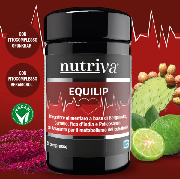 NUTRIVA EQUILIP è un integratore alimentare a base di Bergamotto, Amaranto, Carrubo e Fico d’india con Policosanoli. L’Amaranto contribuisce al metabolismo del colesterolo. Il Carrubo e il Fico d’india favoriscono la modulazione/limitazione dell'assorbimento dei nutrienti.