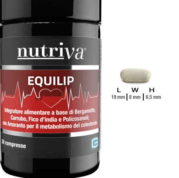NUTRIVA EQUILIP è un integratore alimentare a base di Bergamotto, Amaranto, Carrubo e Fico d’india con Policosanoli. L’Amaranto contribuisce al metabolismo del colesterolo. Il Carrubo e il Fico d’india favoriscono la modulazione/limitazione dell'assorbimento dei nutrienti.