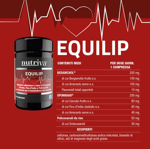 NUTRIVA EQUILIP è un integratore alimentare a base di Bergamotto, Amaranto, Carrubo e Fico d’india con Policosanoli. L’Amaranto contribuisce al metabolismo del colesterolo. Il Carrubo e il Fico d’india favoriscono la modulazione/limitazione dell'assorbimento dei nutrienti.