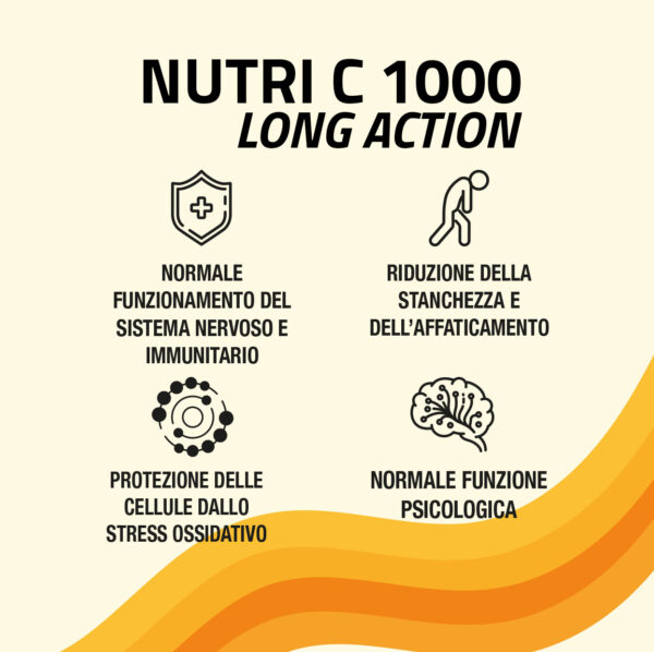 NUTRI C 1000 LONG ACTION è un integratore alimentare a base di Vitamina C con duplice modalità di rilascio: immediato e graduale.