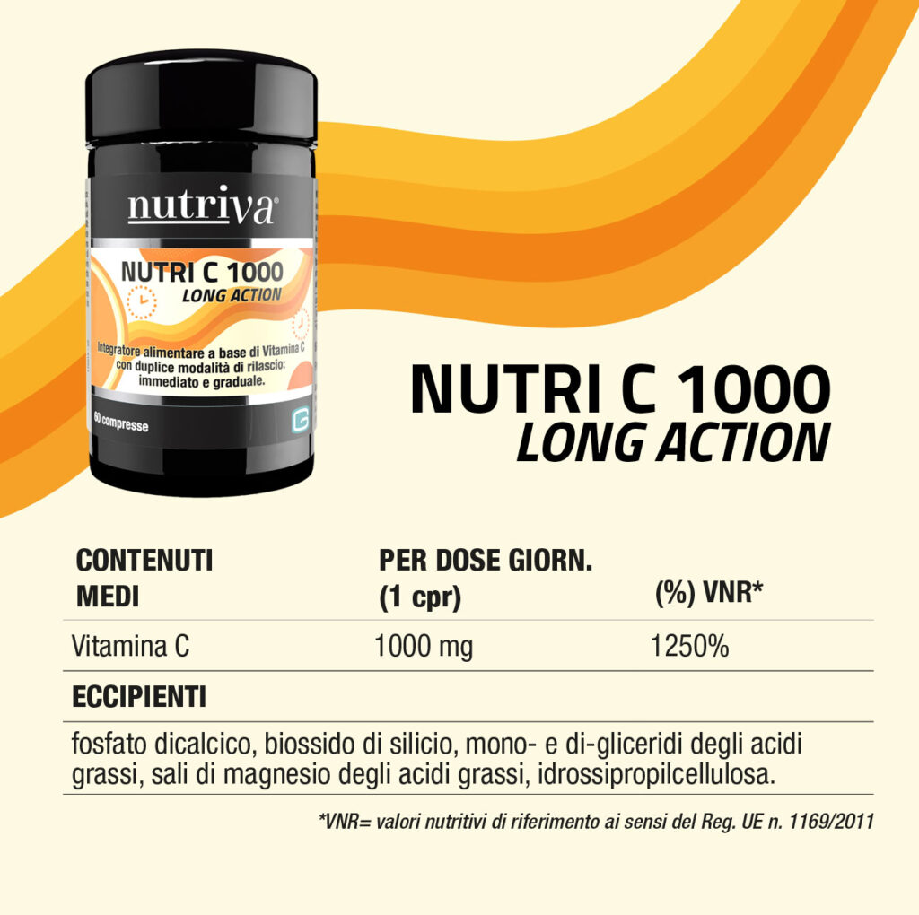 Nutri-C-1000-LA-05 NUTRI C 1000 LONG ACTION è un integratore alimentare a base di Vitamina C con duplice modalità di rilascio: immediato e graduale.
