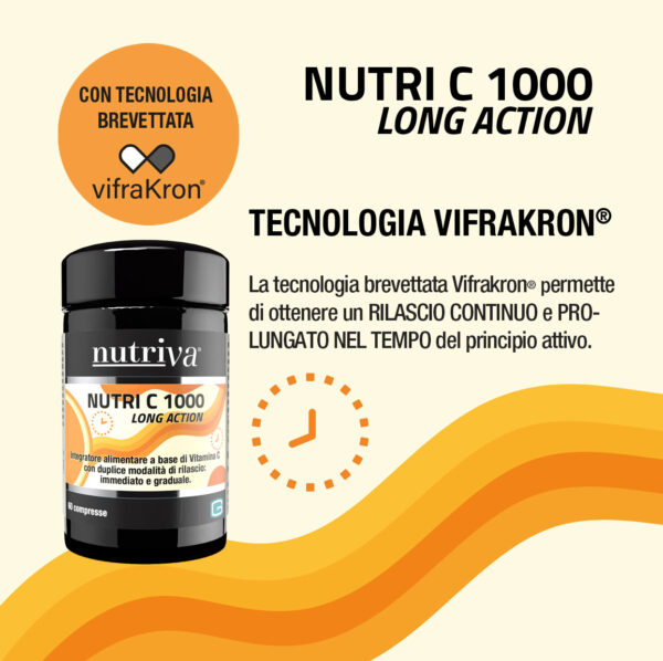 NUTRI C 1000 LONG ACTION è un integratore alimentare a base di Vitamina C con duplice modalità di rilascio: immediato e graduale.